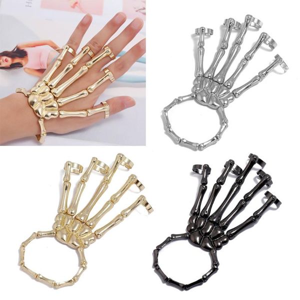 Bangle LXAE European American Jewelry Fashion Personality Punk Skull Hand Bone Wild Five-finger Ring Bracelet Adjustable One Chain