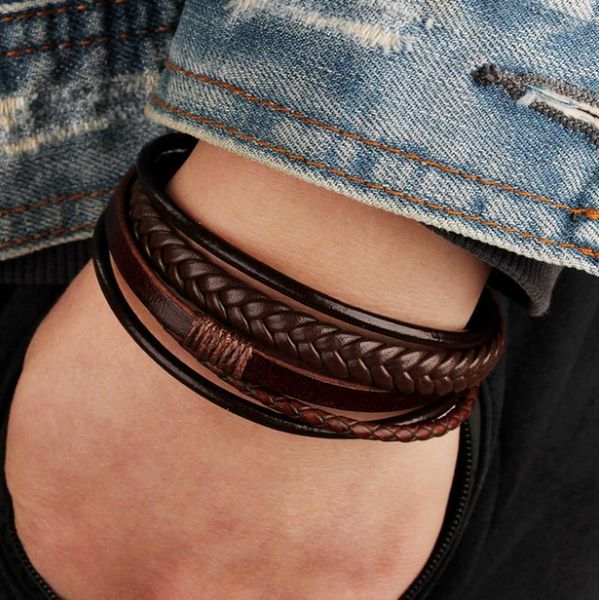 Bangle Minimalist Black Leather Bracelet with Multilayer Metal Magnetic Buckle for Men's Fashion Accessories