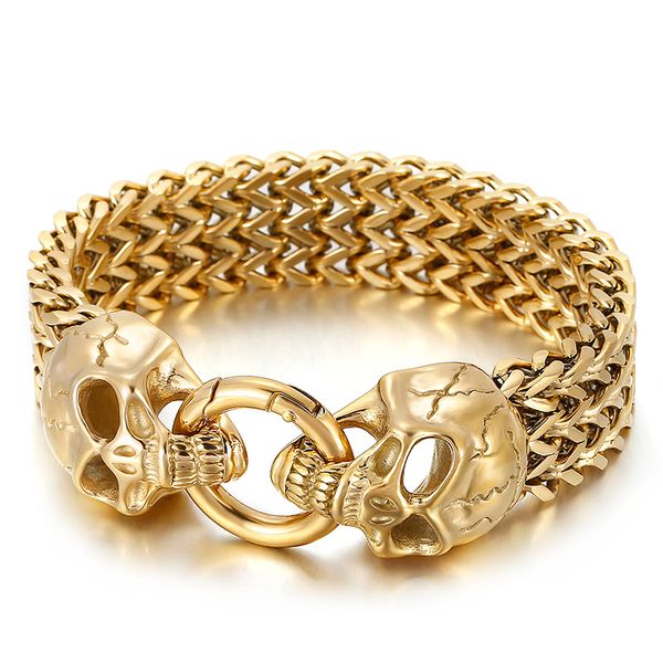 Big 18mm 8.8 inch Gothic men's stainless steel skull bracelet with spring clasp in silver, black, and gold, weighing 116g