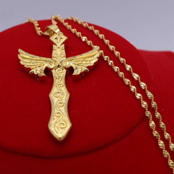 Big Angel Wings Cross Pendant Chain 18K Yellow Gold Filled Fashion Womens Mens Pendant Necklace Trendy Jewelry
