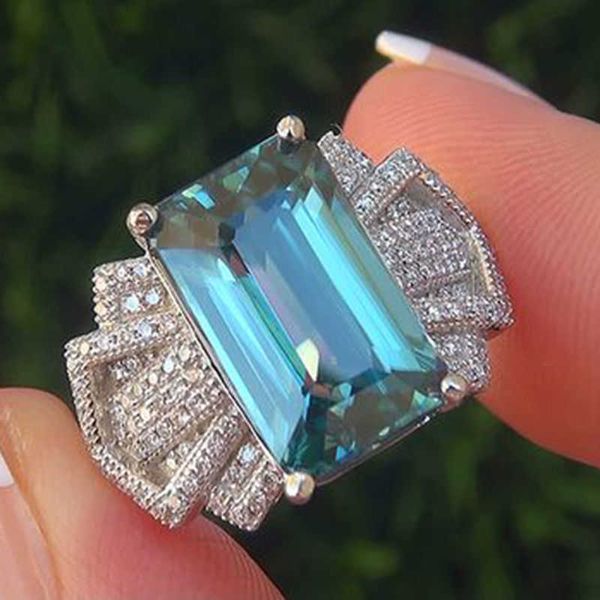 Big Blue Zircon Stone Silver Color Rings for Women Wedding Engagement Ring Fashion Jewelry 2019 New S925 Sterling Silver Color X0715