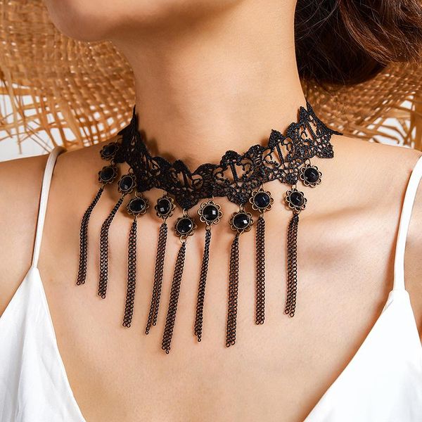 Black lace tassel pendant necklace for women featuring floral star and water drop bead designs, a stylish choker jewelry gift