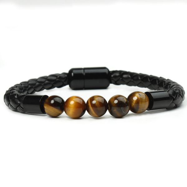 Black Magnetic Buckle Bracelet with 8mm Agate and Tiger Eye Beads on Leather String