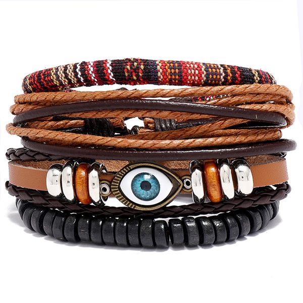 Bohemian layered hemp and leather cuff bracelet set of 4