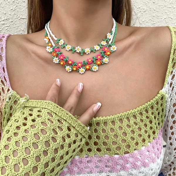 Bohemian-style rainbow seed bead choker necklace with floral design, a trendy Korean accessory for women