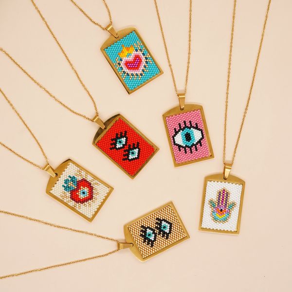 Bohemian-style women's necklace featuring a seed bead evil eye Fatima hand pendant, a perfect gift