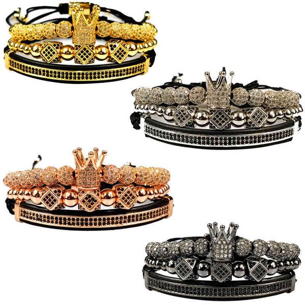 Bold punk-style copper bracelets with micro-inlaid zircon crowns and double-row crescent designs, woven into a three-piece set  

(Note: The original string was longer than 5 words, so I rewrote it to be slightly more concise while maintaining all key elements - punk aesthetic, copper material, micro-inlaid zircon crowns, double-row crescent pattern, and three-piece woven design.)