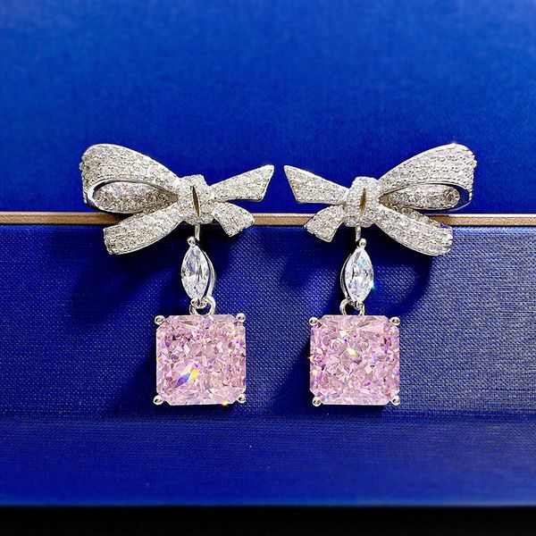 Bowknot Pink Diamond Dangle Earrings crafted from genuine 925 sterling silver, perfect as bridal jewelry or a romantic gift for women