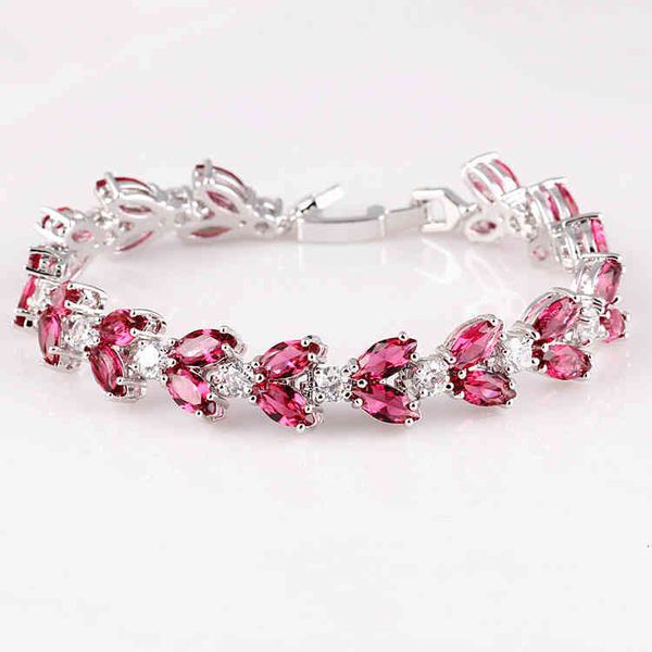 Bracelet with zircon, copper crystal inlay, and platinum-plated leaf design