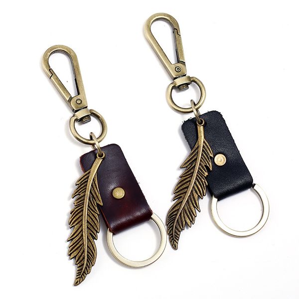 Bronze feather keychain for men, a stylish leather accessory gift