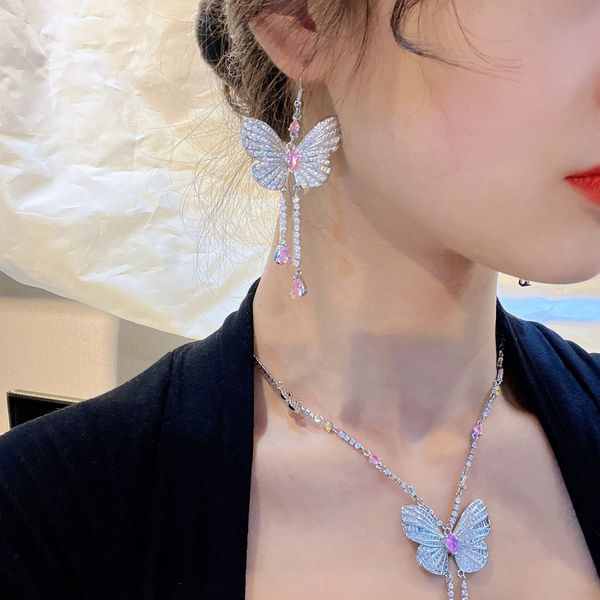 Butterfly Lab Diamond Jewelry set in 925 Sterling Silver for Women's Party and Wedding, featuring Earrings and Choker Necklace with Bridal Gemstones