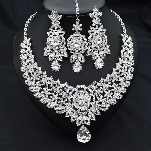 C30 Wedding Forehead Chain Necklace Earrings Set Dubai Jewelery Gifts for Women Indian African Bridal Hair Accessories 240202