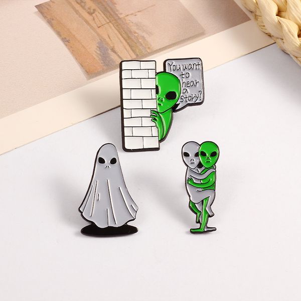 Cartoon Alien Ghost Enamel Pins Set - 3pc Brooches for Denim Shirts and Bags