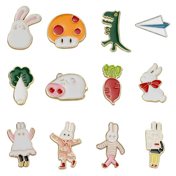 Cartoon Animal Brooch Set with 12 Pieces: Rabbit, Radish, Dinosaur, Gold-Plated Enamel Pig and Chinese Cabbage Designs