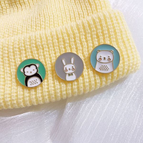Cartoon Round Shaped Brooches 3pcs Set Rabbit Bear Monkey Animal Pattern Enamel Badges Gold Plated Alloy Pin Jewelry Gift Bag Accessories