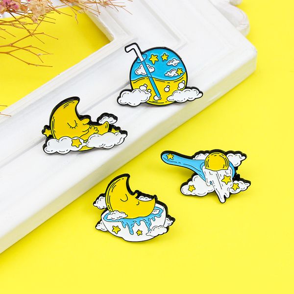 Cartoon Star Moon Pins 4-Piece Set: Women's Sleep-Themed Enamel Brooches, Cactus Metal Badges for Denim Shirts and Bags