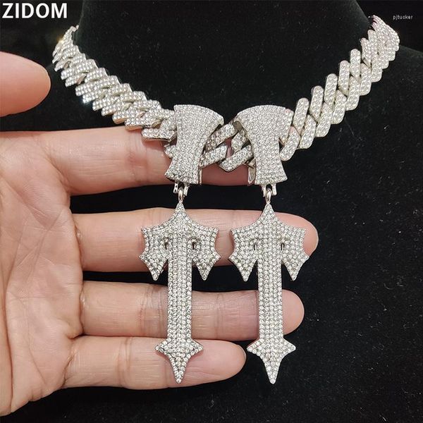 Chains for men and women featuring a hip hop style, 15mm wide rhombus Cuban link with an iced-out cross and sword pendant charm
