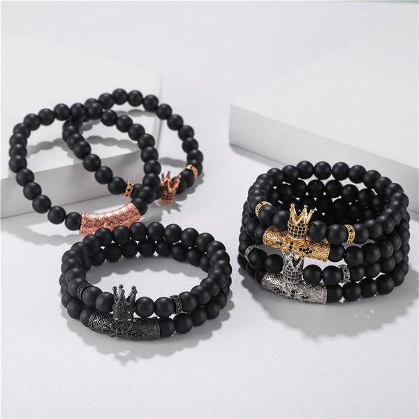 Charm Bracelets 2021 set of 2 CZ Crown Bracelets for men with black matte stone beads