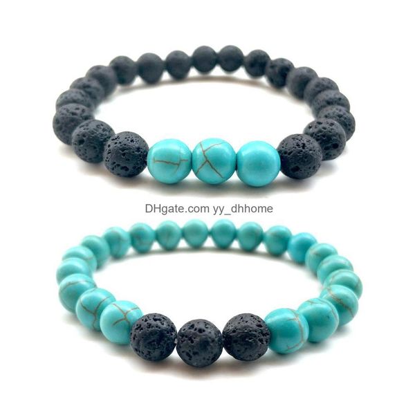 Charm bracelets featuring 8mm lava rock beads and natural stone charms in two stylish designs, including a turquoise option