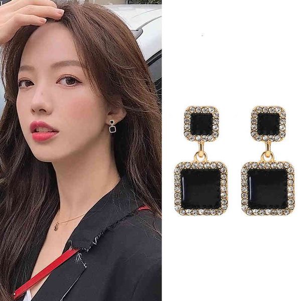 Charms Ear Stud Clip Rings 2021 Star Same Korean Version Net Red Atmosphere Black Square Personalized Versatile Face Thin Jewelry
