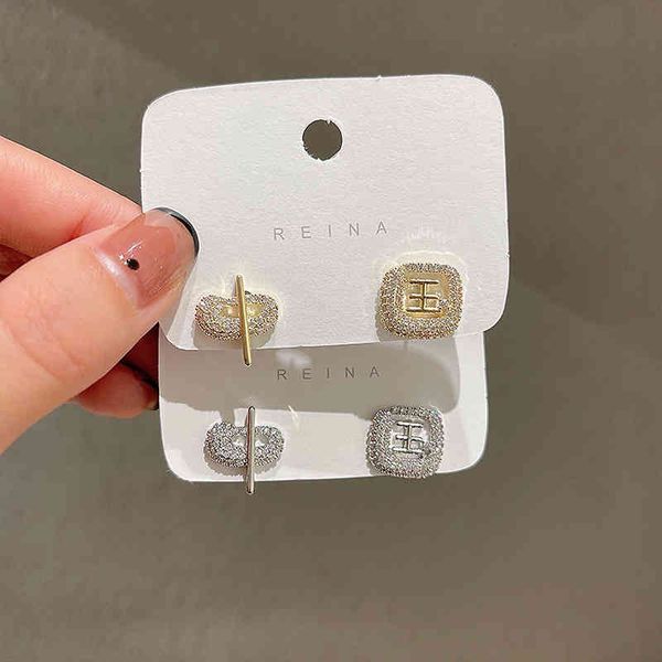 Charms Ear Stud Clip Rings 925 Silver Needle Asymmetric Diamond Inlaid Text Chinese Network Red Wind Minority Creative Fashion High Sense Fe