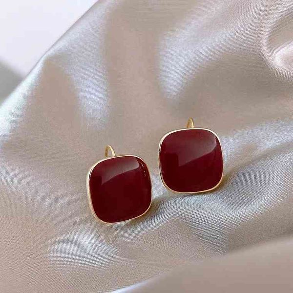 Charms Ear Stud Clip rings S925 Silver Needle Artistic Temperament Morandi Color Fashion Net Red Simple Wine Square