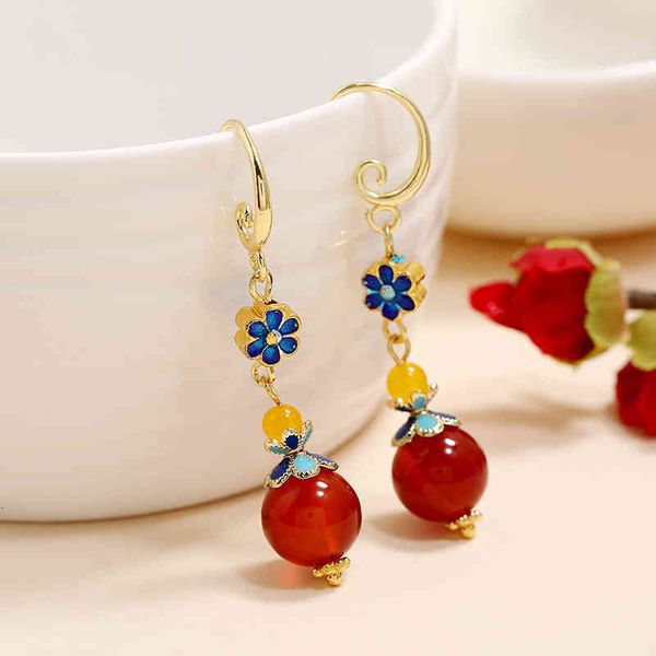 Charms Earrings Cloisonne Court Style Han Exaggerated Fashion with Red Agate Long Dmade Suit