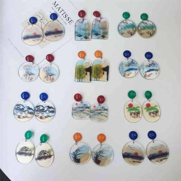 Charms Earrings Jiangnan Female Chinese Feng Shui Ink Painting National Tide Wind Acrylic Landscape Sunset Black and White