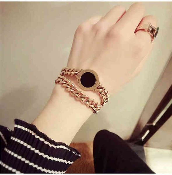 Chic digital disc shell agate bracelet with double circle thick chain in titanium steel