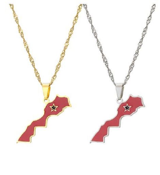 Chic gold-toned Morocco flag pendant necklaces for stylish women and men, a trendy patriotic fashion accessory