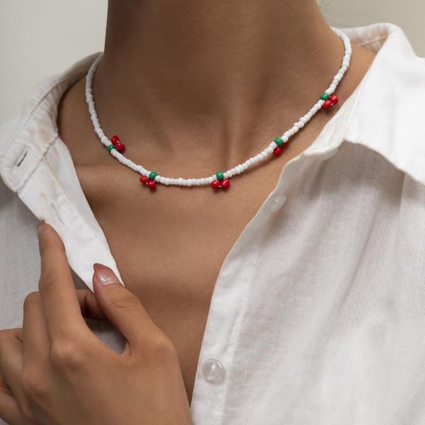 Chic handmade beaded cherry choker necklace for women, a stylish bohemian vintage fruit-inspired party jewelry gift