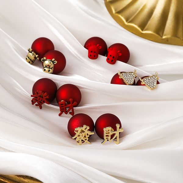 Chinese Zodiac Ox Double-sided Earrings Red Calf Head Net Benmingnian Temperament Female