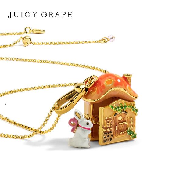 Choker necklace with grape and mushroom charms, featuring a white rabbit pendant, 18K gold plated, perfect for birthdays or Christmas