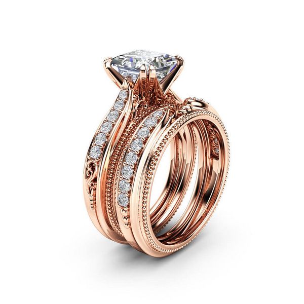 Choucong Victoria Wieck's elegant 925 silver and rose gold fill bridal ring set features princess white topaz and CZ diamonds for women in love