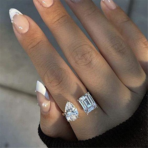 Choucong's elegant 925 sterling silver open adjustable wedding ring features a handcrafted water drop design with 5A cubic zirconia stones