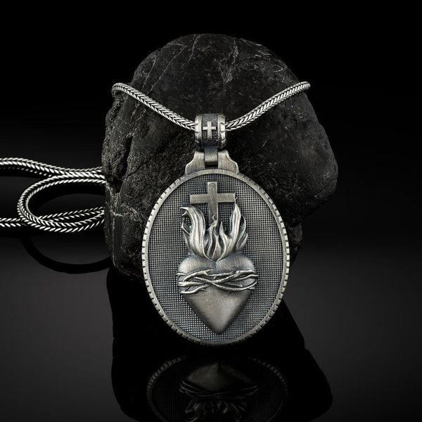 Christian Jesus Heart Cross Pendant Necklace Men's Catholic Religious Tag
