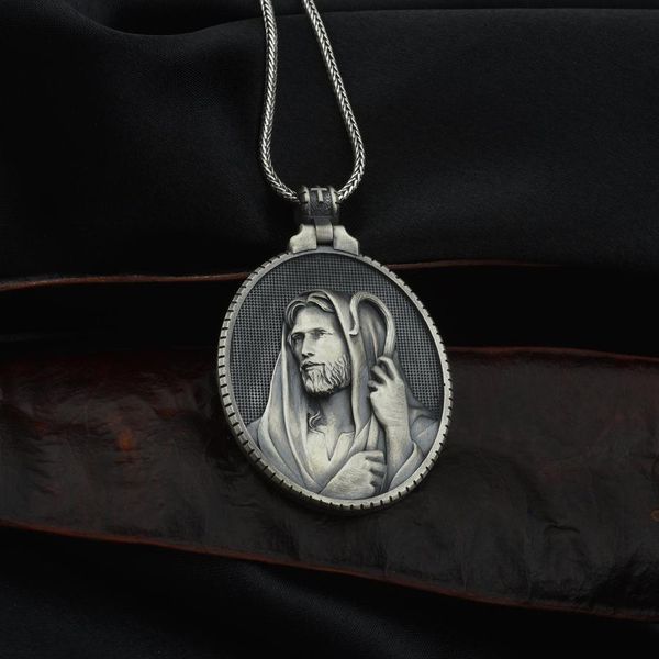 Christian pendant necklace for men, a Catholic religious accessory featuring Jesus Christ the Savior and Shepherd