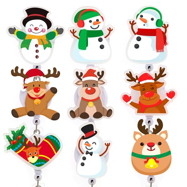 Christmas-themed acrylic badge reels featuring snowman and deer designs for students, doctors, and nurses in hospital or office settings