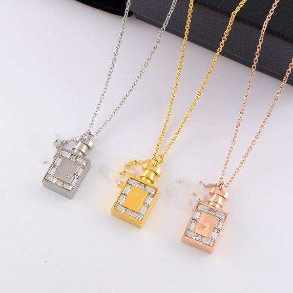 Classic high-polish pendant bottle necklace with engraved letter logo, stylish choker for women in stainless steel gold/silver/rose options, 45cm