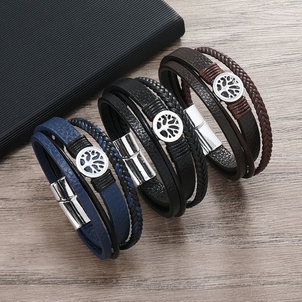 Classic multi-layered leather bracelet with a life tree charm, perfect as a gift jewelry piece