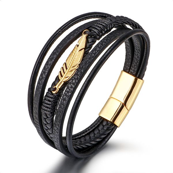 Classic multi-layered leather bracelet with stainless steel feather charm, a stylish cuff bangle perfect for gifting