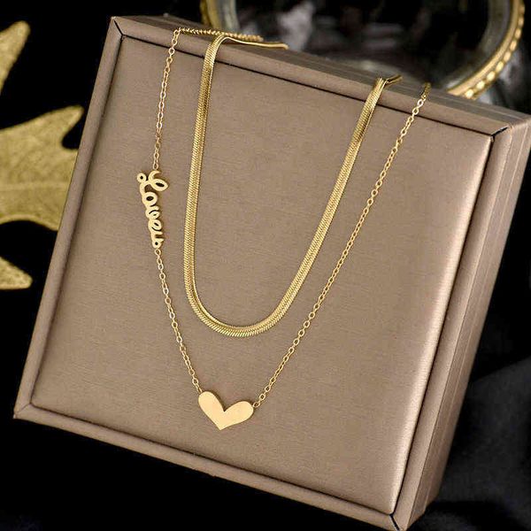 Classic Peach Heart Double Gold Titanium Steel Necklace for Women - Stylish Korean Clavlace Chain Jewelry G1206