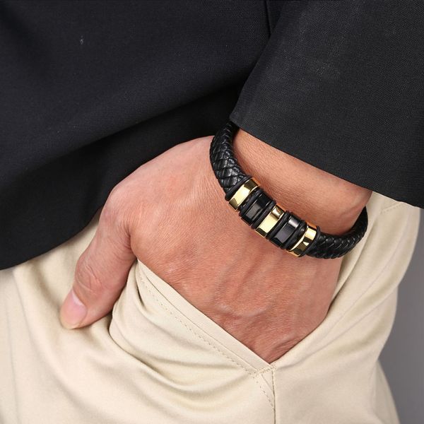 Classic stainless steel magnetic clasp charm bracelet for men, crafted with genuine leather
