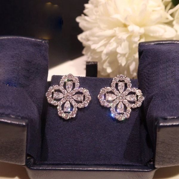 Clover Hip Hop Punk S925 Pure Silver Floral Earrings with Zircon for Elegant Women, Perfect for Dance Parties, High-Quality Luxury Fashion in Platinum Finish