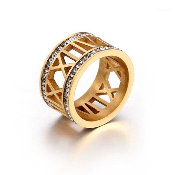 Cluster Rings 12mm Wide Roman Numerals Wedding Date Rhinestone Ring For Women Gold Stainless Steel Double CZ Crystal Jewelry Female1