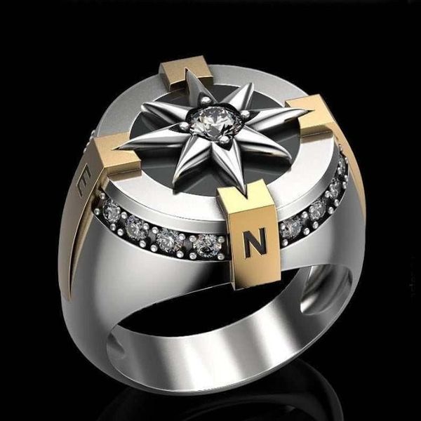 Cluster Rings Classic Men's Silver Stainless Steel Ring with Two-Tone Compass Design, Ideal for Easter, Hip Hop, Punk, Motorcycle, and Party Occasions