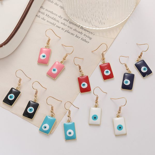 Colored Enamel Evil Eye Dangling Earrings for Women - Turkish Blue Eye Rectangular Pendant Jewelry for Weddings and Parties