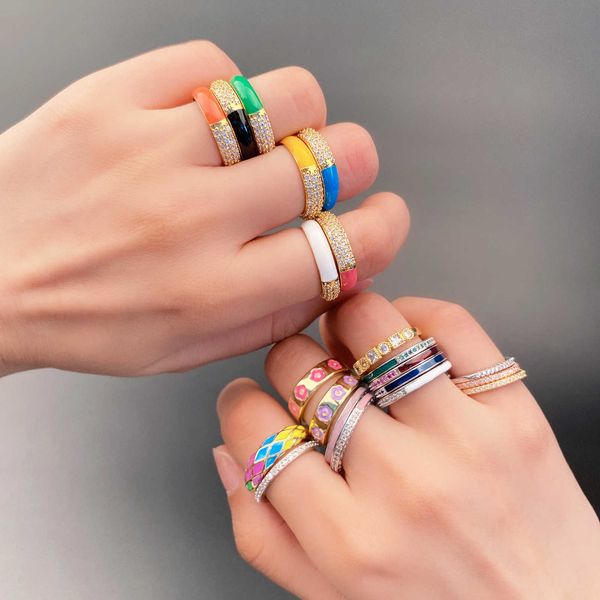Colorful stackable enamel and zircon rings for women, elegant wedding and engagement jewelry X0715
