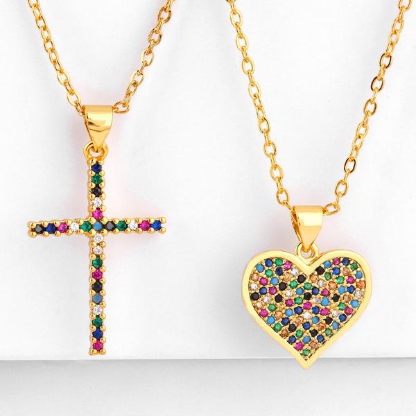 Colorful Zicorn cross and heart pendant necklaces with gold finish and rhinestones, unisex jewelry for wholesale