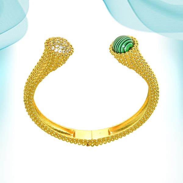 Creative Green Agate U-Shaped Bangle with Diamonds Retro Copper Metal Cuff Charm Female Ladies Friendship Bracelets On Hand Punk Style Jewel